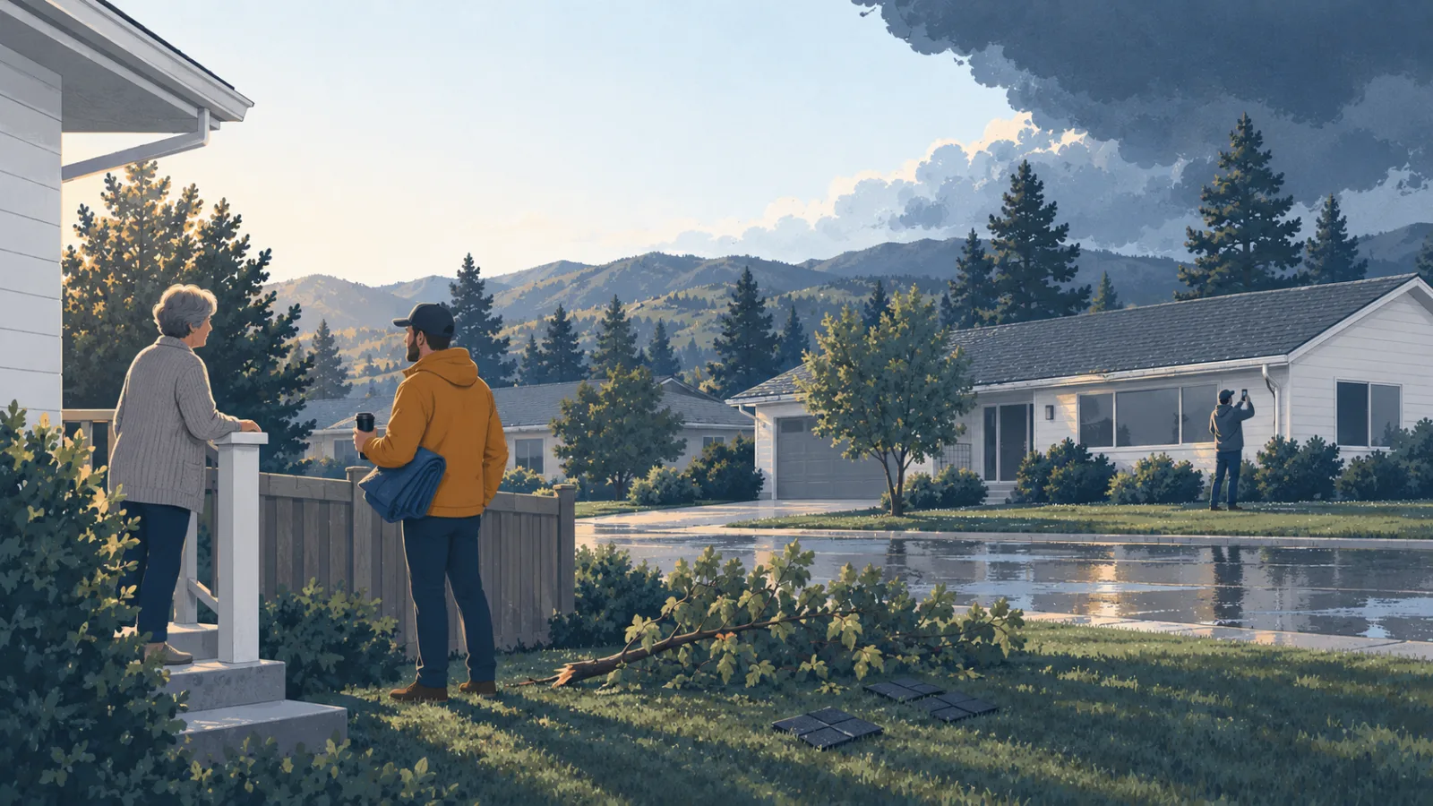 Illustration: two neighbors checking on each other at a front-yard fence the morning after a storm, with a downed branch and loose shingles on the lawn.
