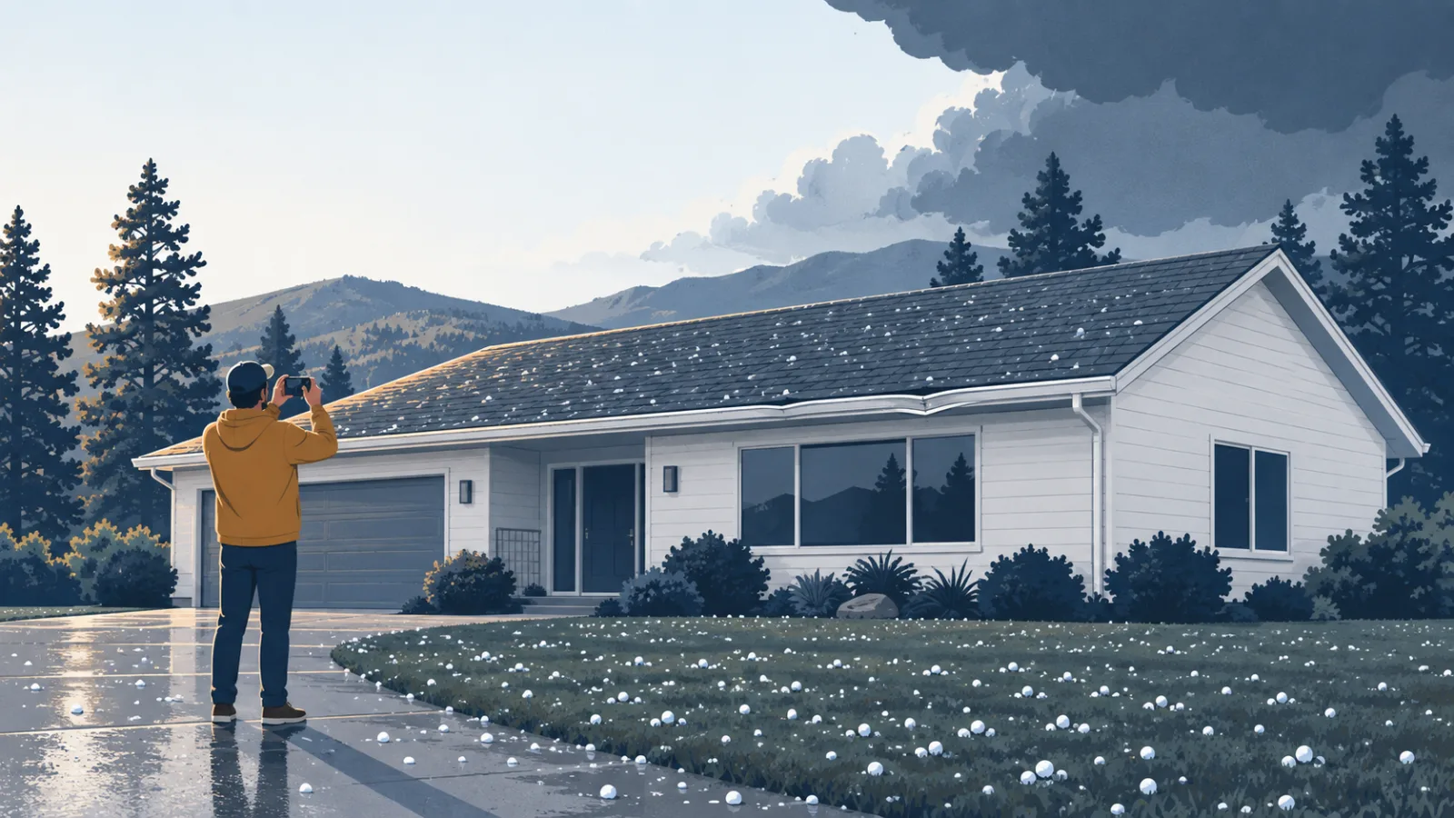 Illustration: a homeowner in a Castle Pines driveway photographing their roof the morning after the August 26, 2026 hail.