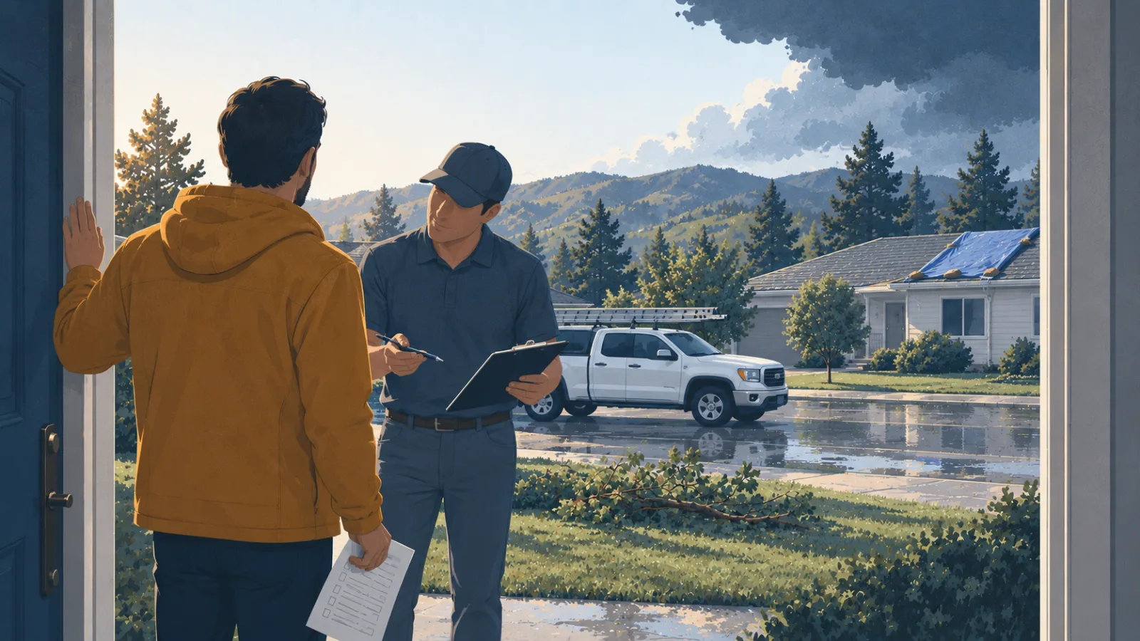 Illustration: a homeowner at their open front door holding a printed checklist while a roofer with a clipboard waits on the step and a pickup with a ladder rack sits at the curb.